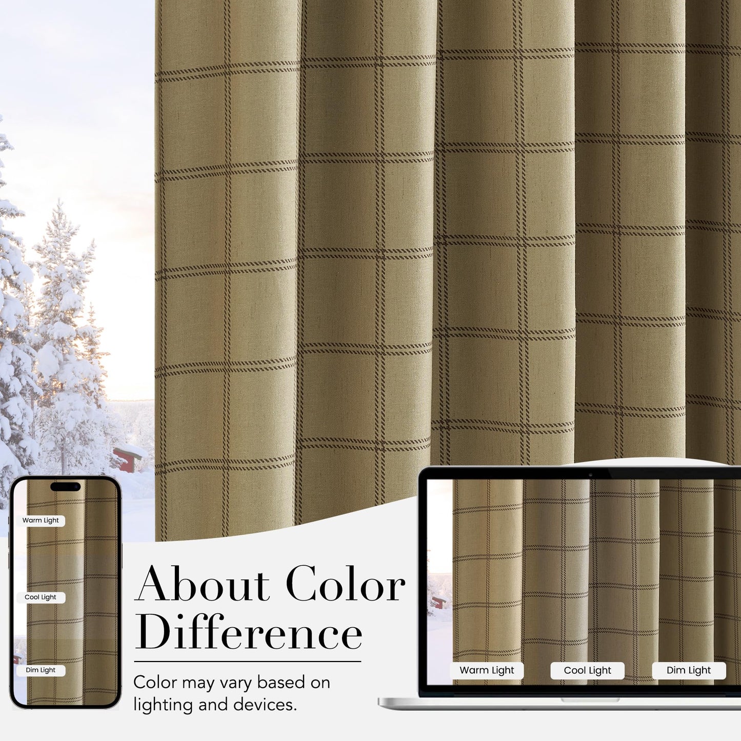 Linen Plaid Blackout Curtains Rod Pocket Back Tab Windowpane Drapes for Living Room Bedroom